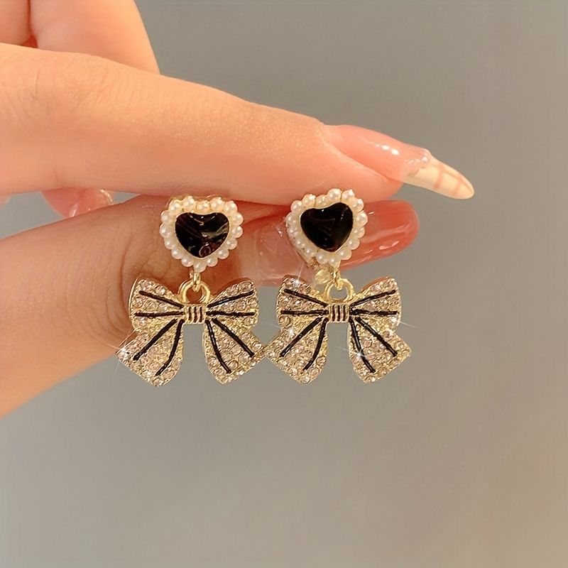 Korean Black Studded Bow Earrings