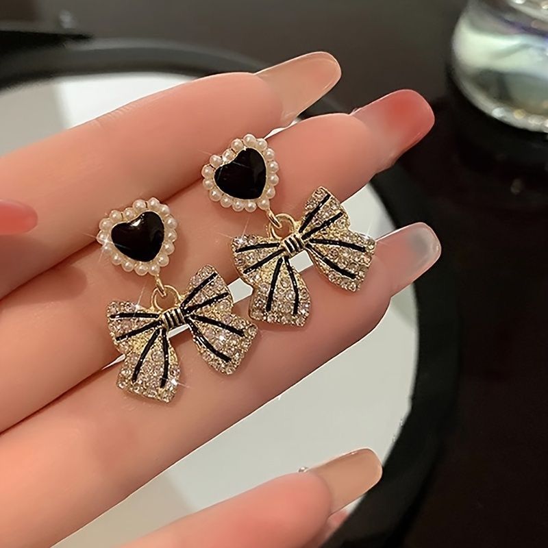 Korean Black Studded Bow Earrings